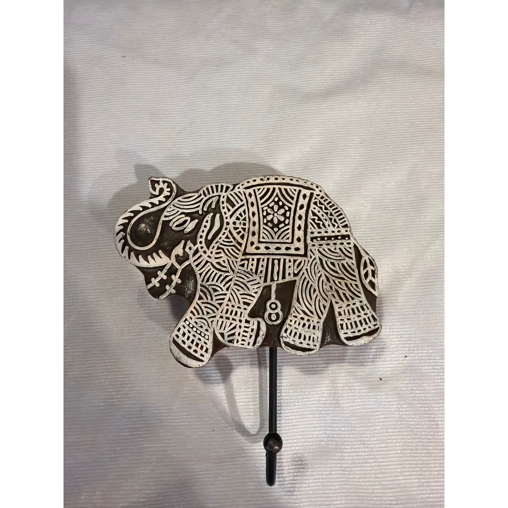 World Market Hand Carved Wood Elephant Wall Hook Brown White Block Print Design